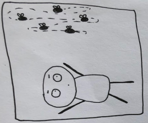 Comic showing a bored person laying on the ground watching flies circling above its head.